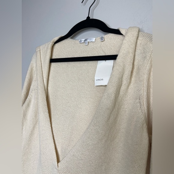 Vince New Ivory Cotton Hoodied Deep V Belted Knit Pullover L Coastal Designer - Picture 3 of 9